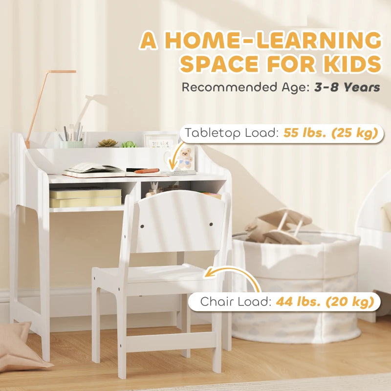 Qaba Kids Desk and Chair Set with Storage, Shelves for Bedroom, 3-8 Years Old, White