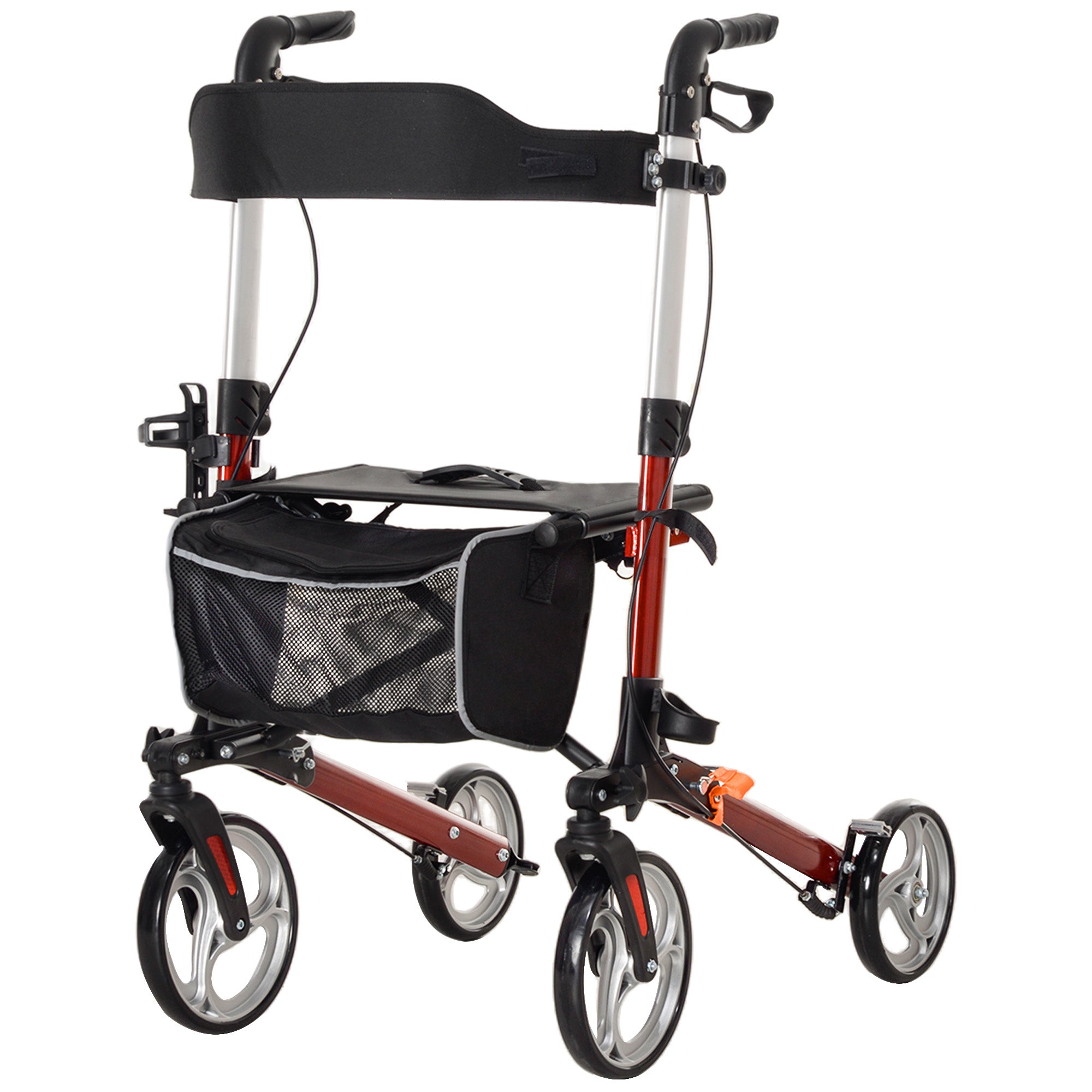 HOMCOM Lightweight Folding Rolling Walker with Large Seat, Back, Adjustable Handle, Bag, Dual Brake, Cane Holder, Red 