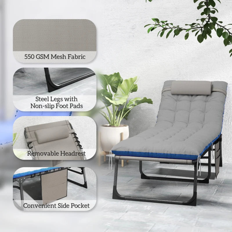 Outdoor Lounge Chair Set of 2, Folding Chaise Lounge Tanning Chair with Cushion, Side Pocket, Brown/Blue