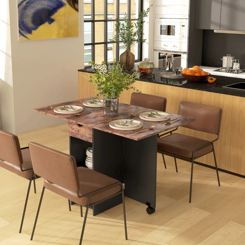 Folding Dining Table, Space Saving Drop Leaf Table with Drawer and Shelves for Kitchen, Dining Room, Rustic Brown