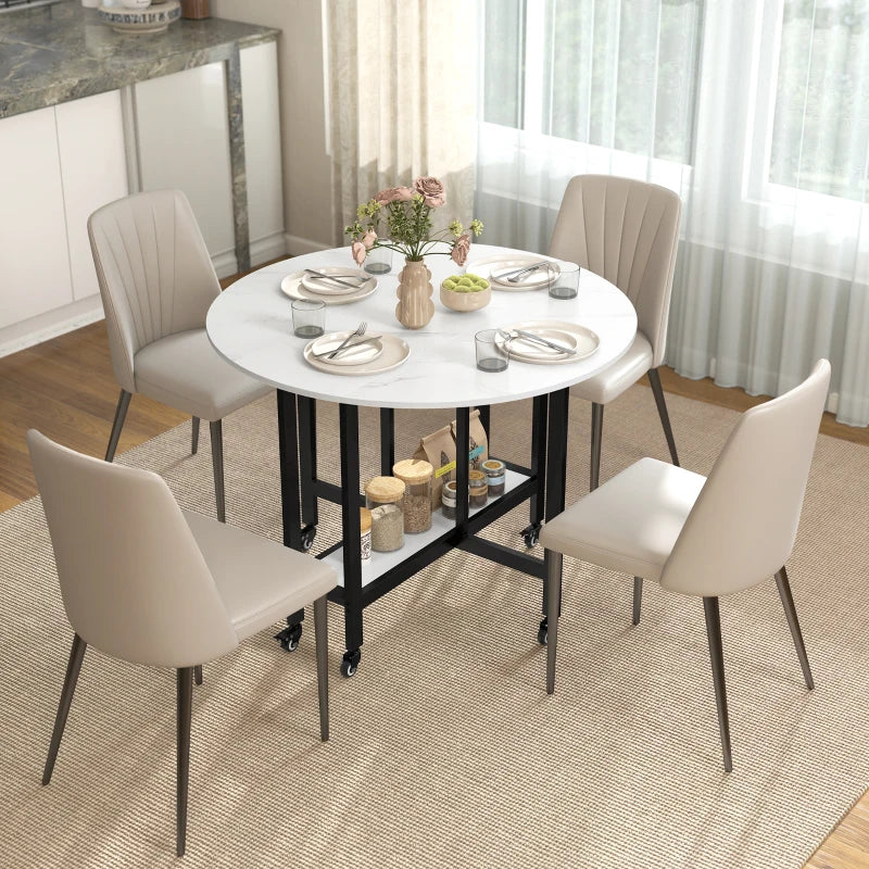 Folding Dining Table, Drop Leaf Table with Open Shelf, Rolling Kitchen Table for Dining Room, Small Spaces, White Marble