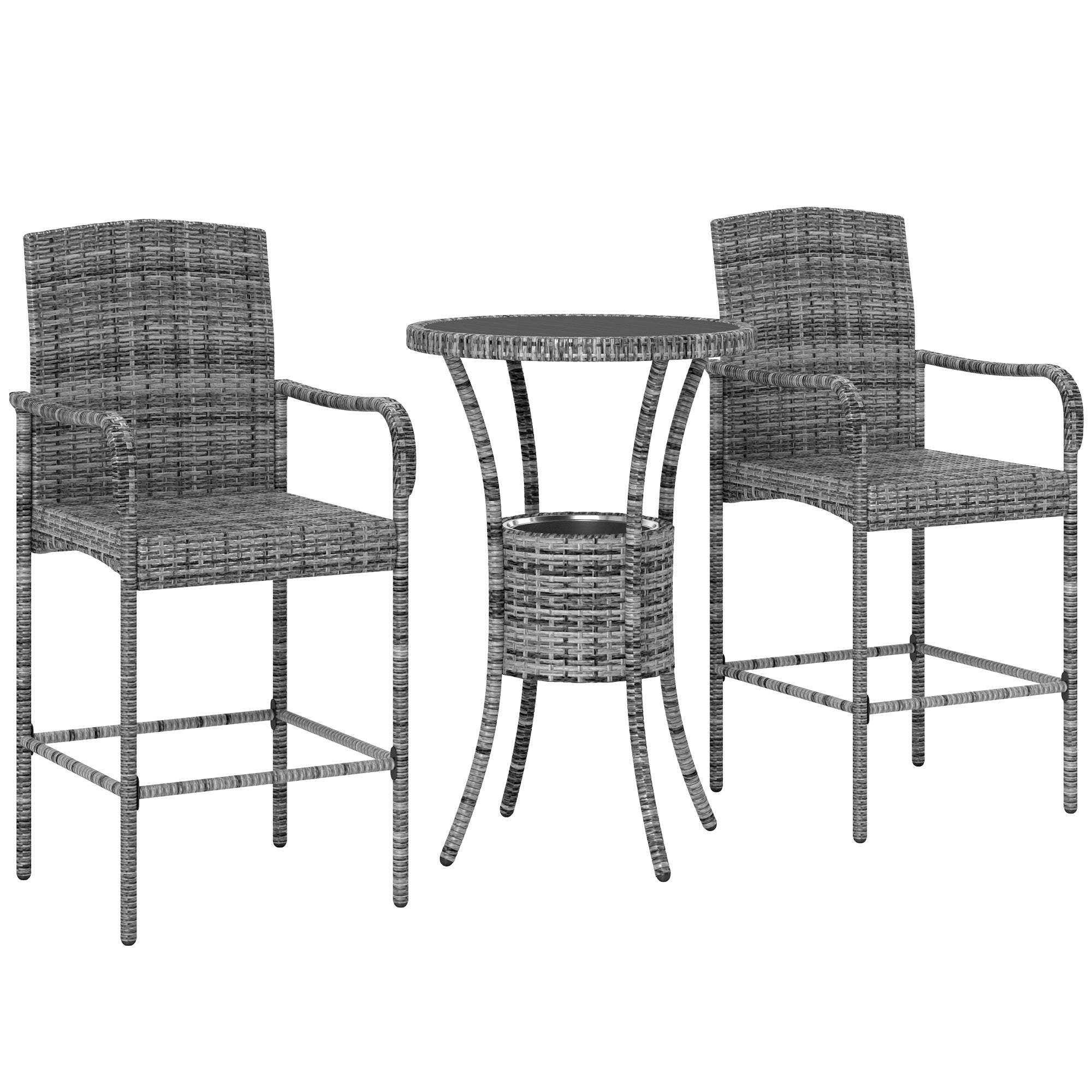 Outsunny 3 Pieces Patio Bar Set, Rattan Bistro Table and Chairs, Outdoor Conversation Furniture Set with Ice Bucket, Mixed Grey 