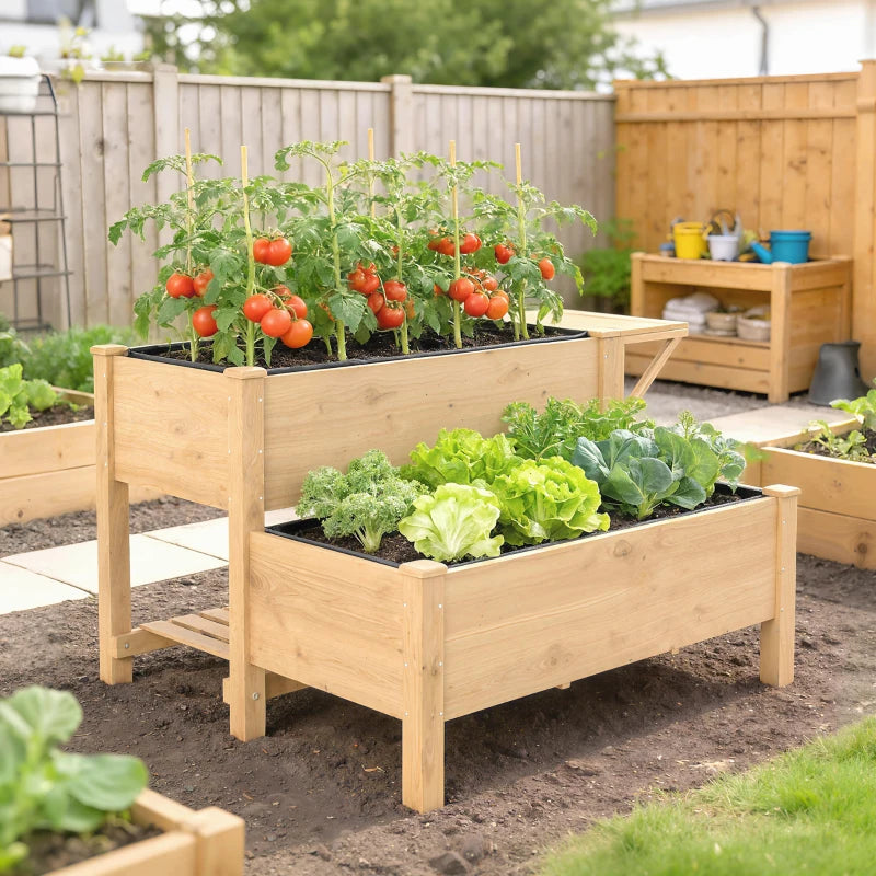 Wooden Raised Garden Bed, 2-Tier Raised Planter with Storage Shelf, Side Board, Drainage Holes and Liner