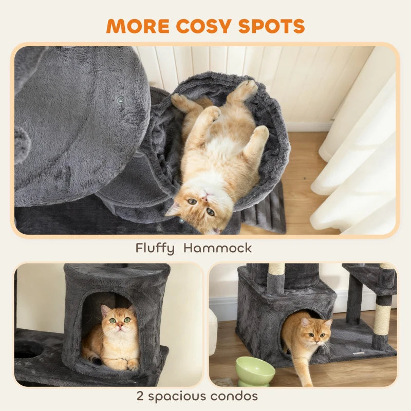 67" Large Cat Tree with 7 Scratching Posts, Tunnel, 2 Condos, Hammock, Perch, Ramp, Pompoms, Dark Grey