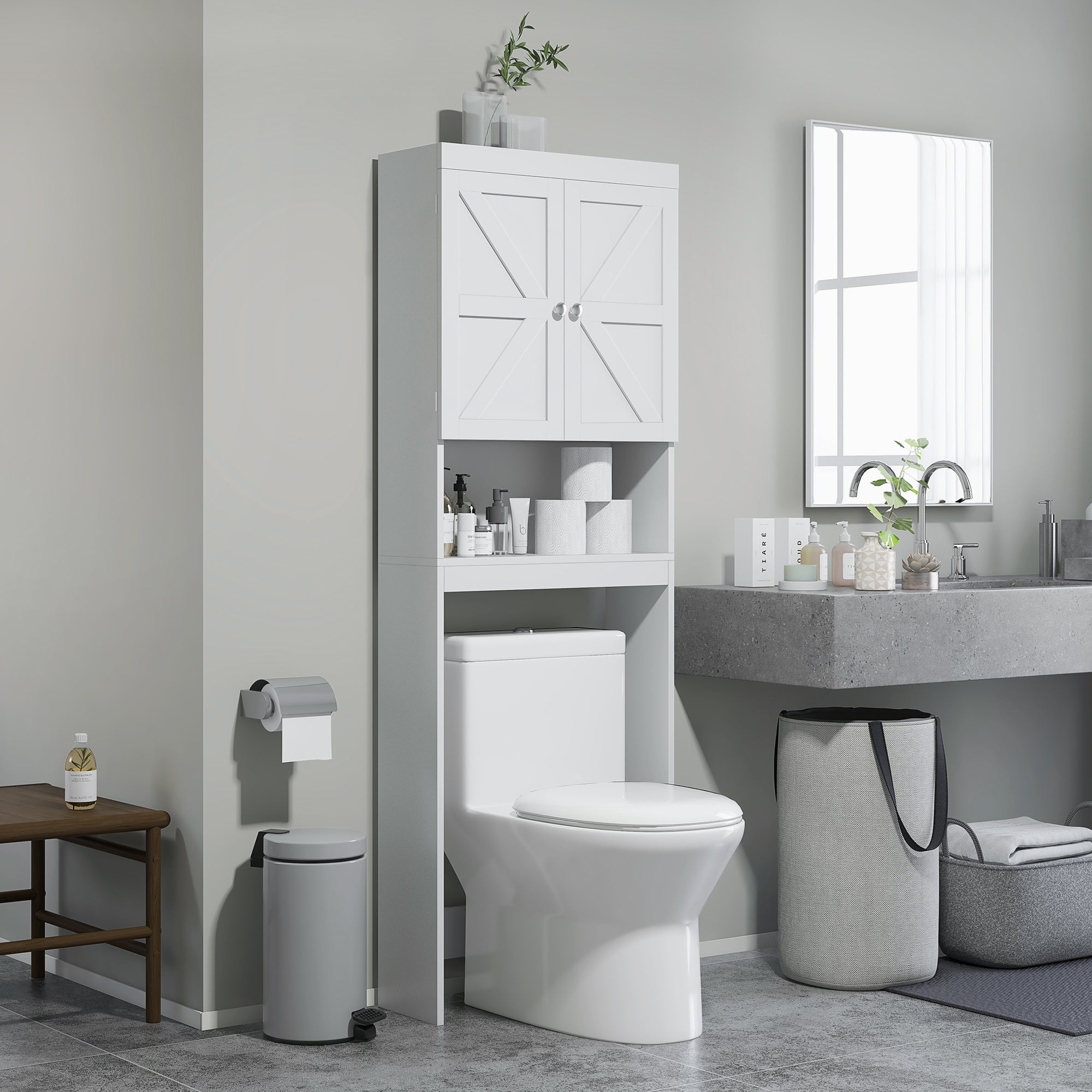 HOMCOM Over The Toilet Bathroom Cabinet Modern Above Toilet Storage Barn Doors Open Shelf White 