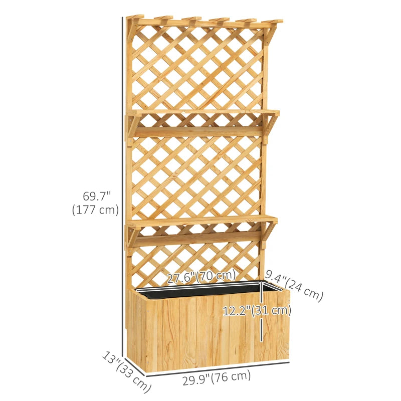 Raised Garden Bed, Wooden Planter with Trellis, Hanging Roof, Plant Shelf, Drainage Holes and Bed Liner, Nature Wood