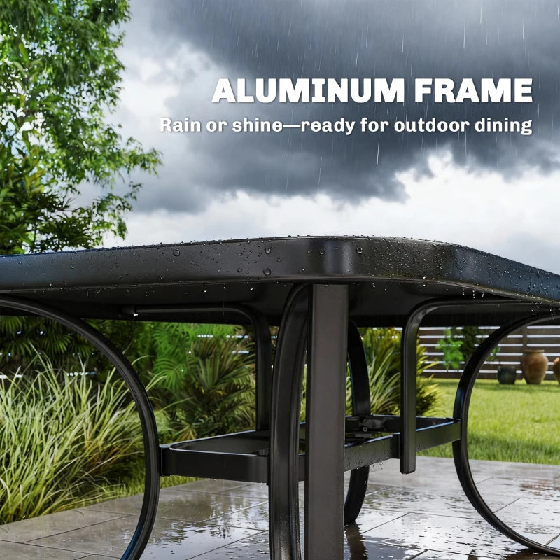 Outdoor Dining Table for 6 with Umbrella Hole, Metal Patio Dining Table with Tempered Glass Top