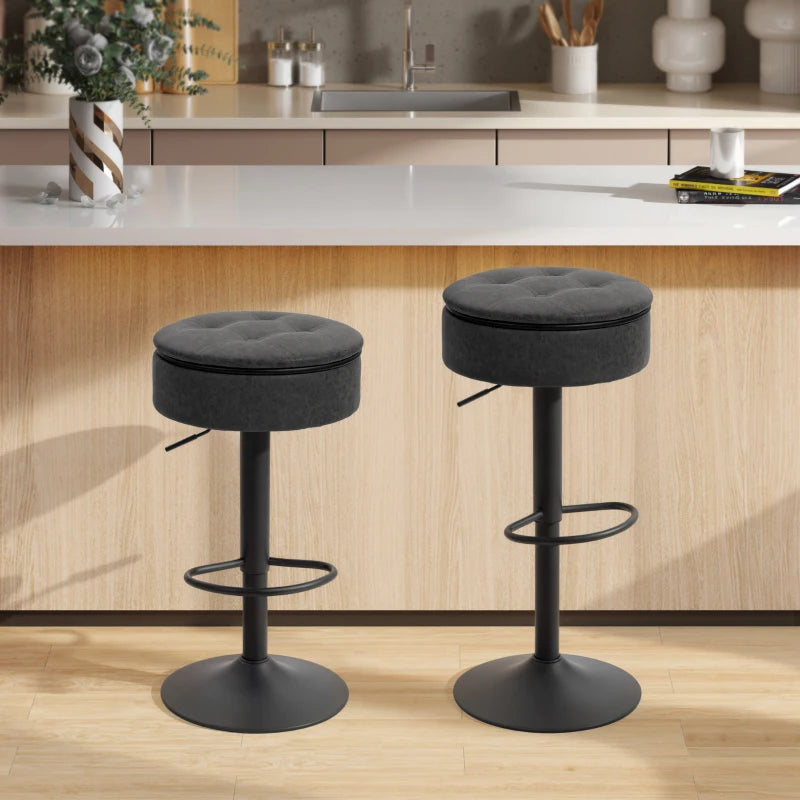 Set of 2 Barstools with Storage, Swivel Bar Stools with PU Leather Upholstered, Footrest, Steel Base, Black