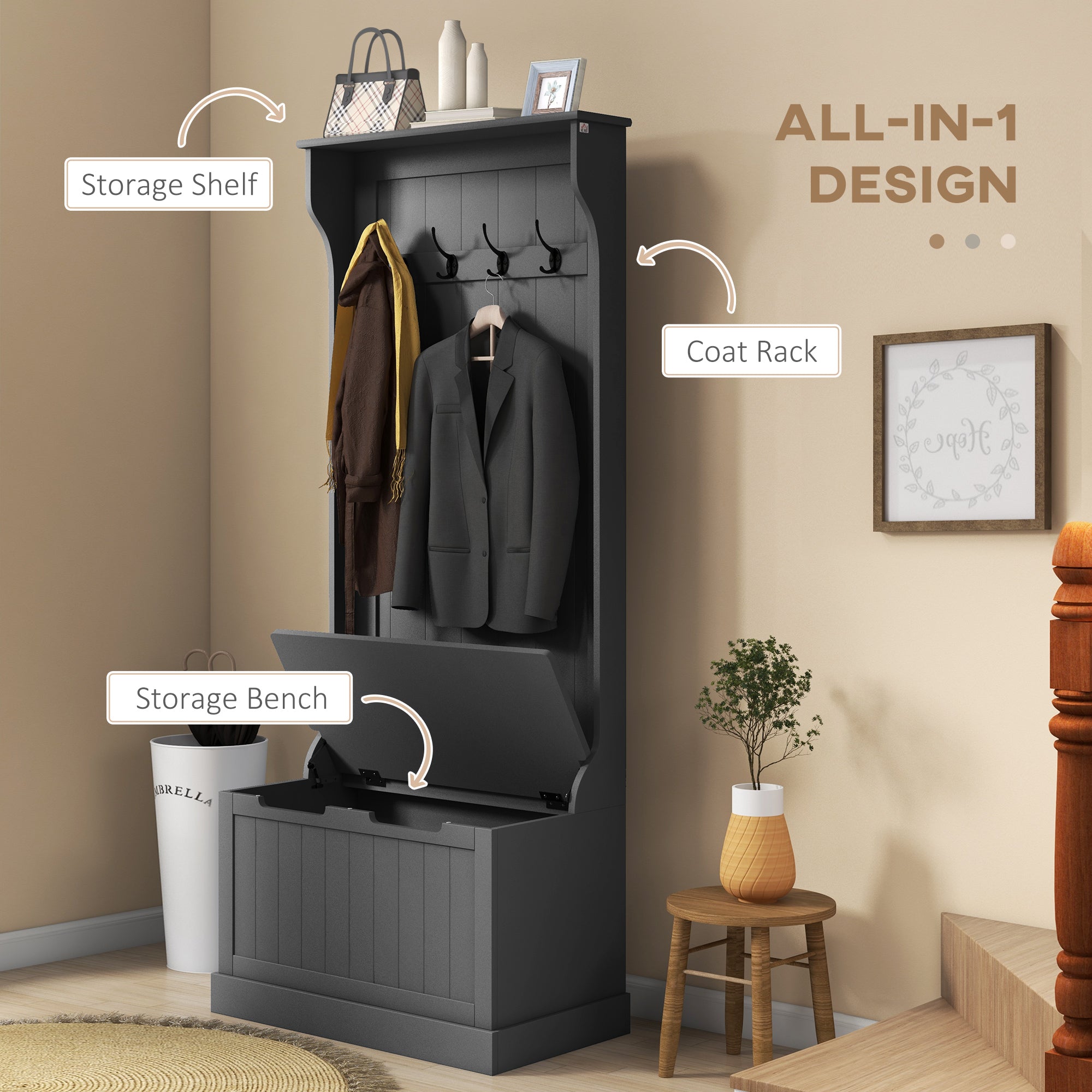 HOMCOM 3-In-1 Hall Tree with Coat Rack, Shoe Storage and Bench Seat, Entryway Bench with 4 Hooks for Hallway, Living Room, Black 
