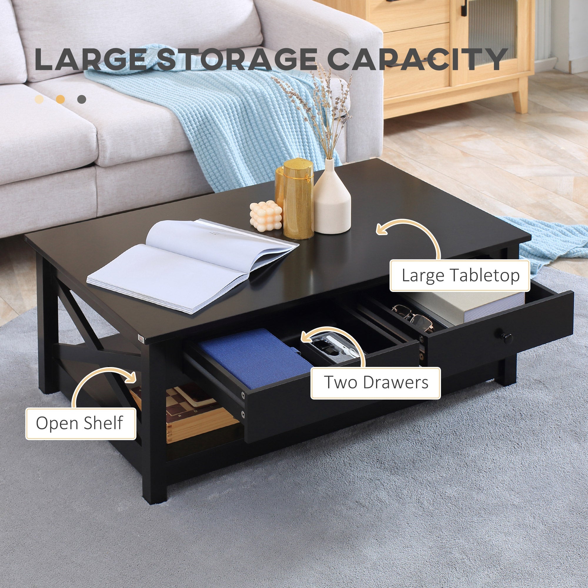 HOMCOM Black Coffee Table with Drawers: Modern Centre Table with Storage Drawers, Open Shelf for Living Room 