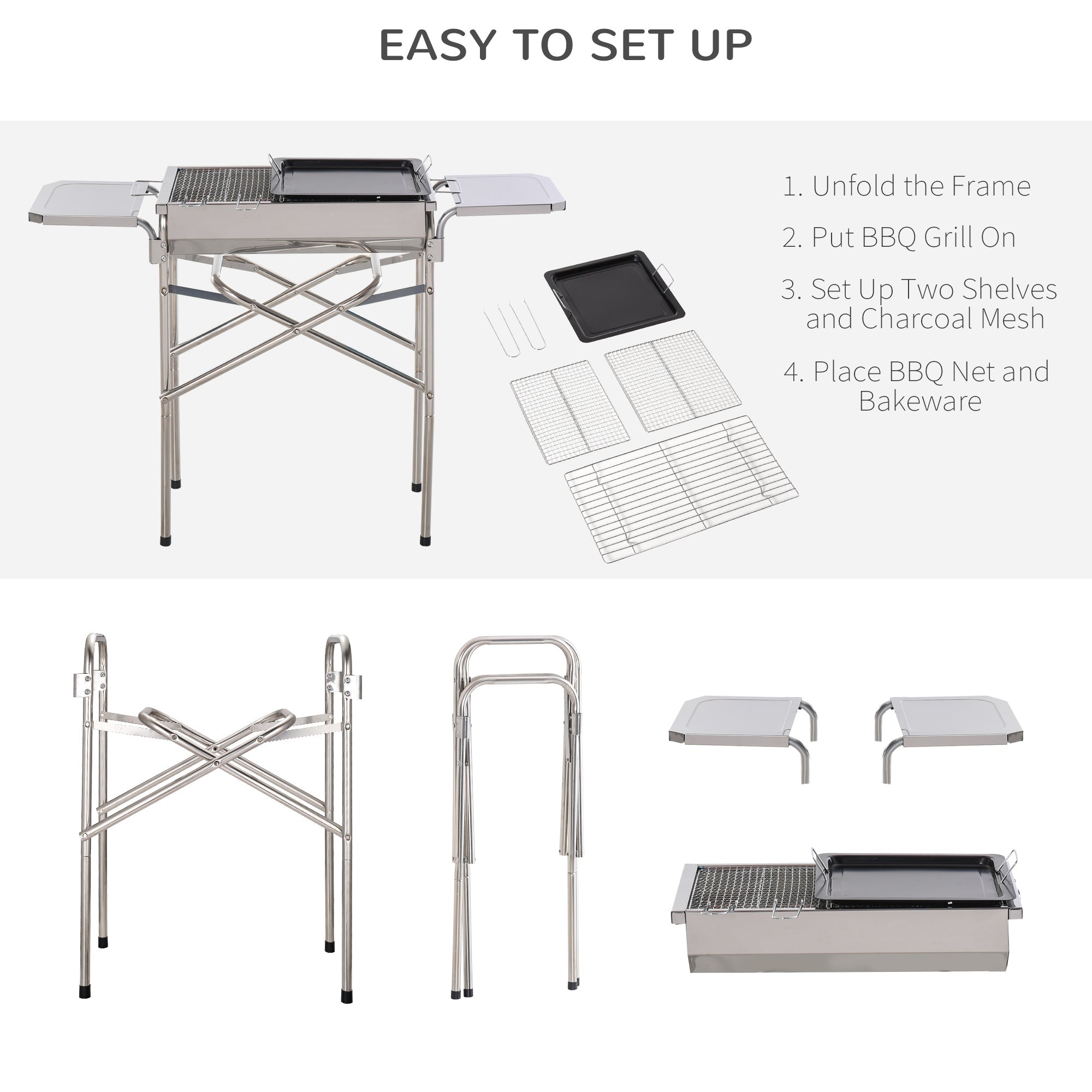 Outsunny Portable BBQ Grill Outdoor Charcoal Kebab Barbecue Stainless Steel Smoker for Camping Cooking Silver 