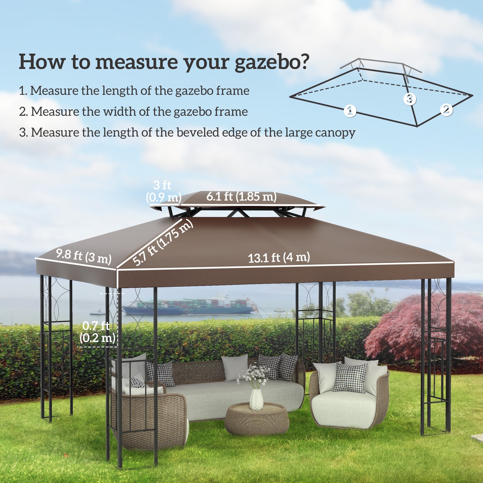 Outsunny Gazebo Replacement Canopy Top 13' x 10' 2 Tier UV Cover for Garden Patio Outdoor Brown TOP ONLY 