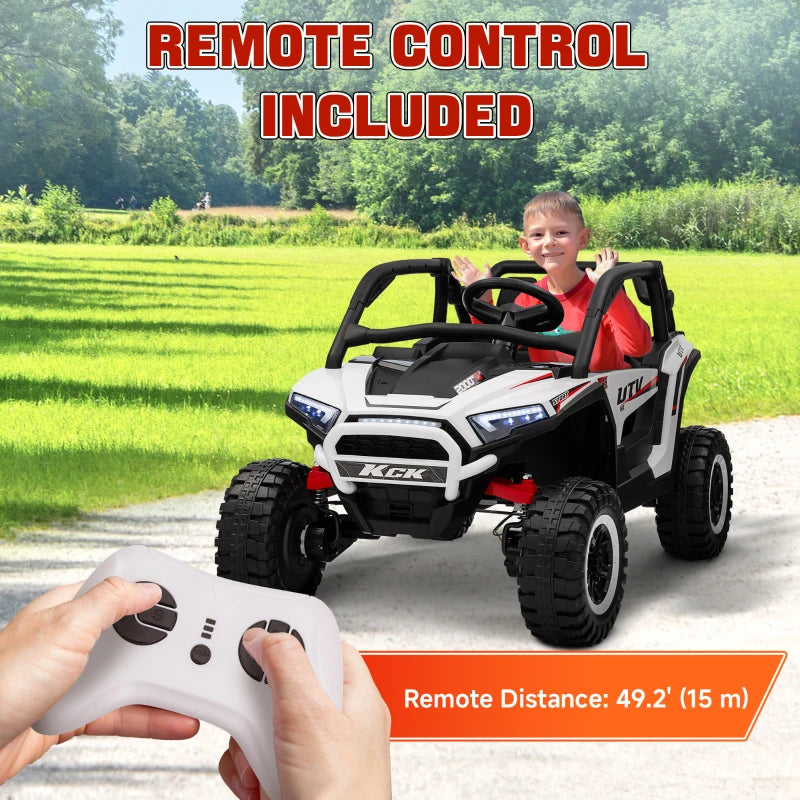 Qaba 2 Seater 24V 7AH Ride on Truck, Electric Car for Kids w/ Spring Suspension, Remote Lights, Horn, Music, White
