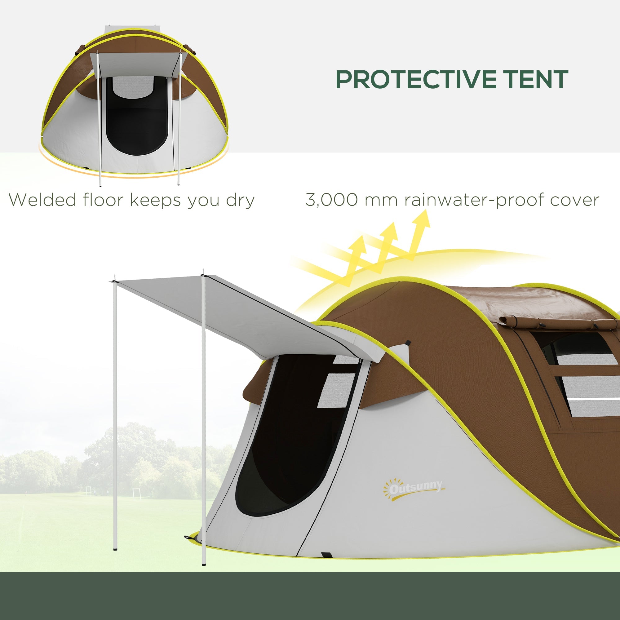Outsunny Waterproof Pop Up Camping Tent 2 Porch Carry Bag for 2-3 People Outdoor Adventure Brown 
