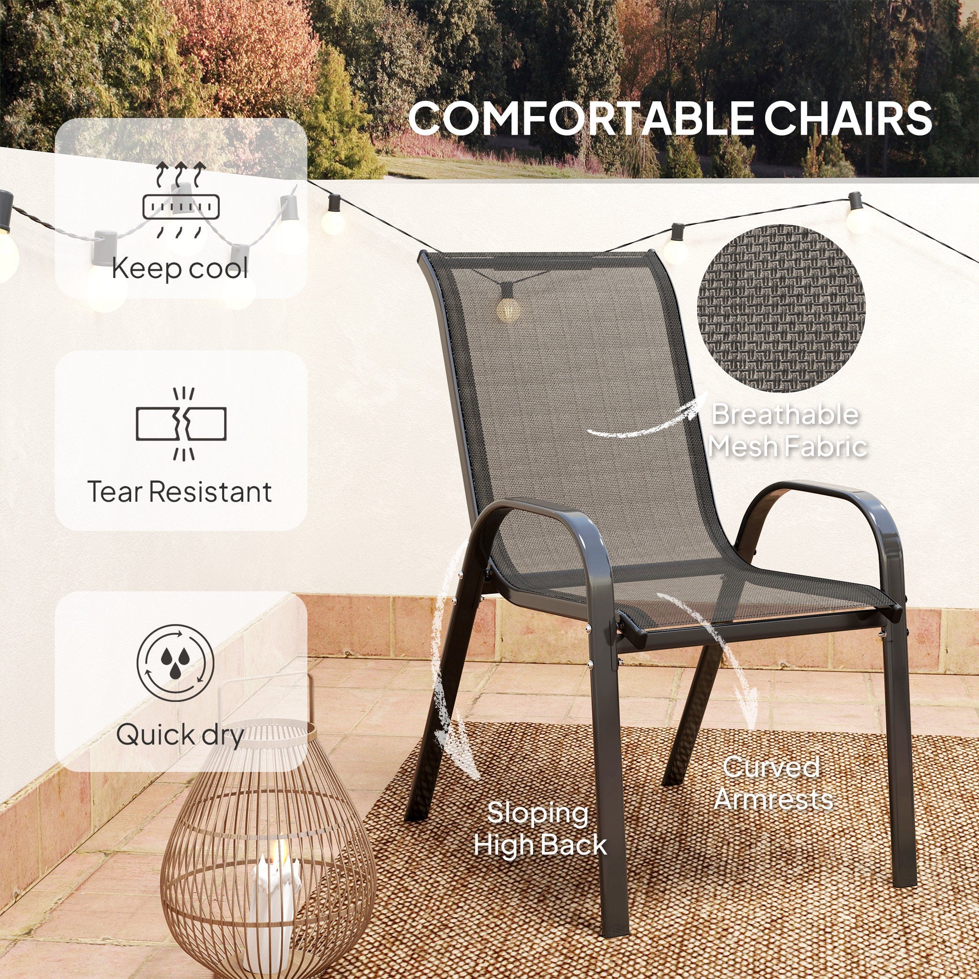 Outsunny 3 Pieces Bistro Set, Small Patio Furniture Set with Stackable Mesh Chairs, Glass Table for Garden, Balcony, Black 