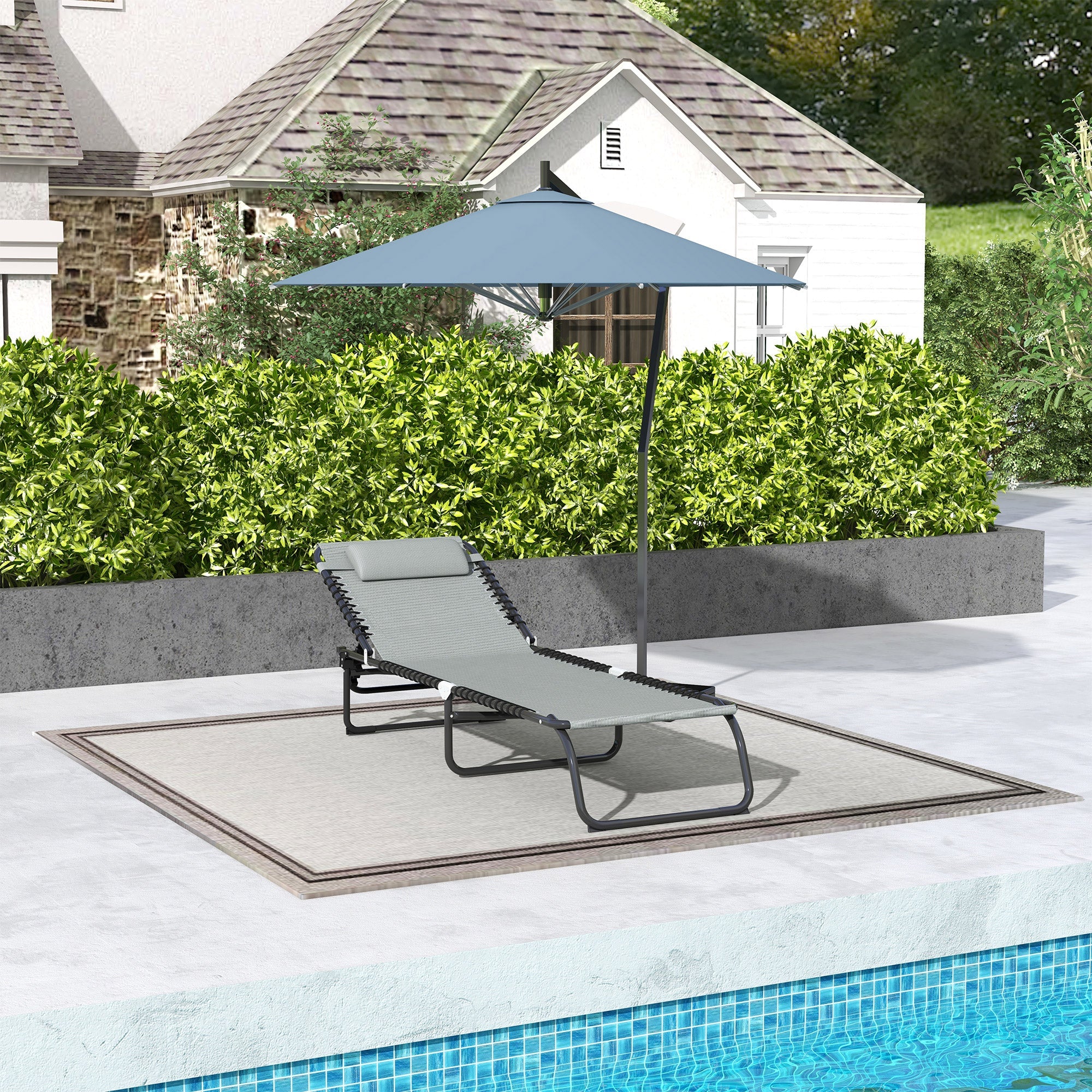 Outsunny Folding Lounge Chair, Adjustable Chaise Lounge with Headrest, Reclining Lounger Cot for Camping, Hiking, Light Grey 