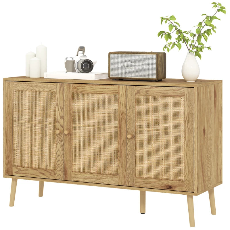 Bohemian Sideboard with Rattan Doors & Adjustable Shelf, Natural Wood Finish