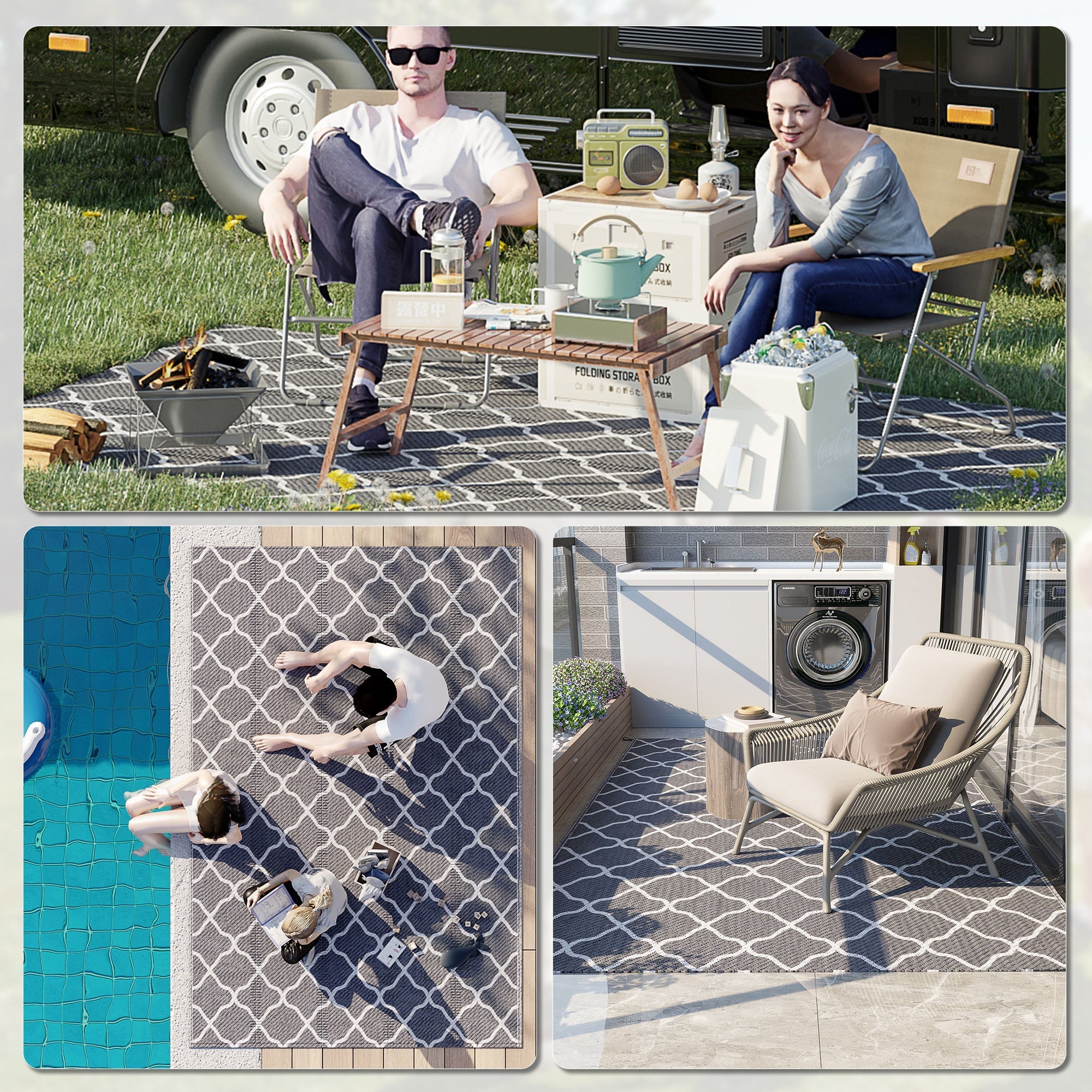 Outsunny Waterproof  Outdoor Rug, 6' x 9' RV Rug Reversible Mat for Backyard, Deck, Picnic, Beach, Camping, Grey & White Net 