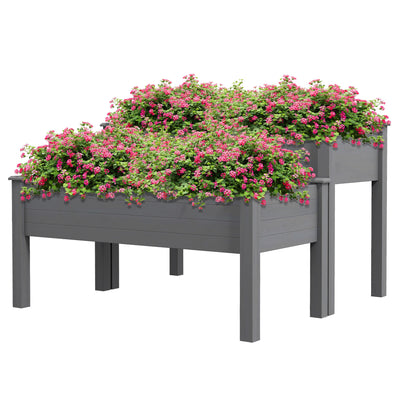 Outsunny Wood Plant Raised Bed 2 Tiers Flower Vegetable Herb Grow Box Stand Garden Grey 