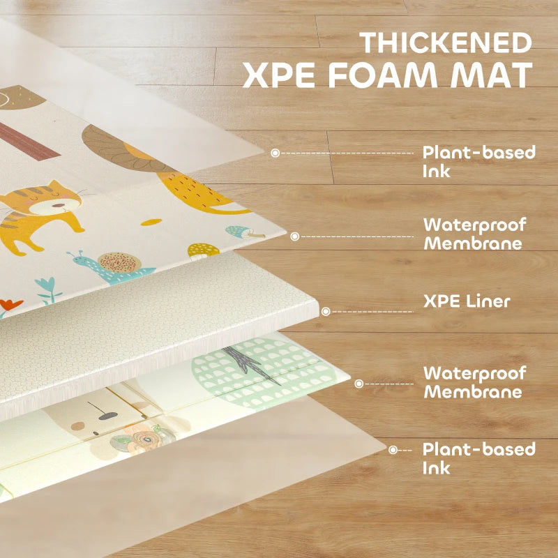 Qaba Double Sided Baby Play Mat, Reversible & Waterproof Foldable Crawling Mat, Animal Theme