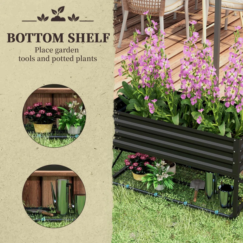Galvanized Raised Garden Bed, Metal Planter Box with Bed Liner and Storage Shelf, for Vegetables Flowers Herbs, Black