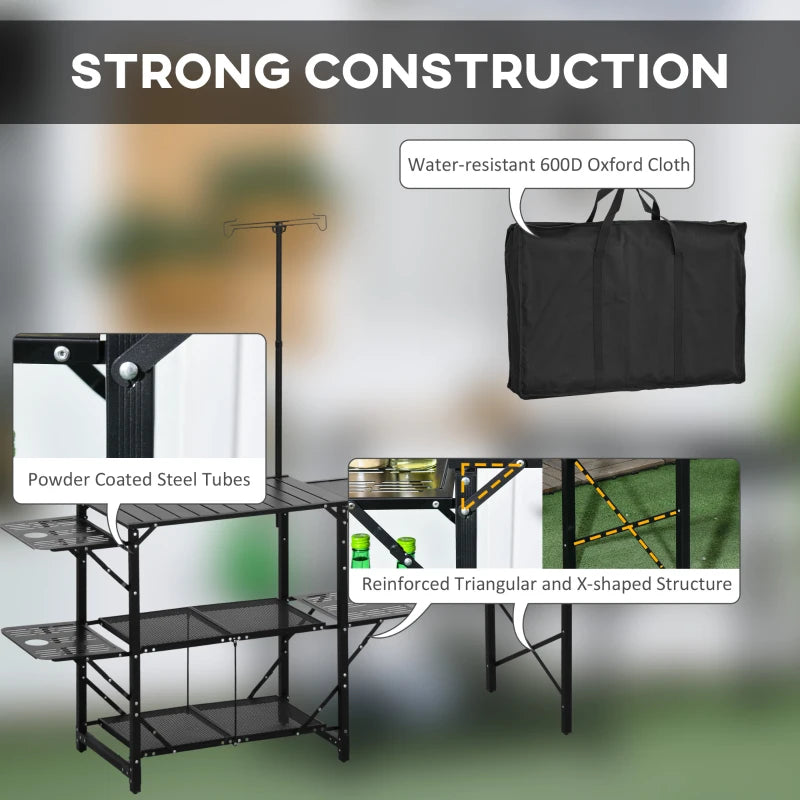 Folding Camping Kitchen, Portable Aluminum Cook Station with Carrying Bag, 3 Side Tables, 2 Shelves for BBQ, Black