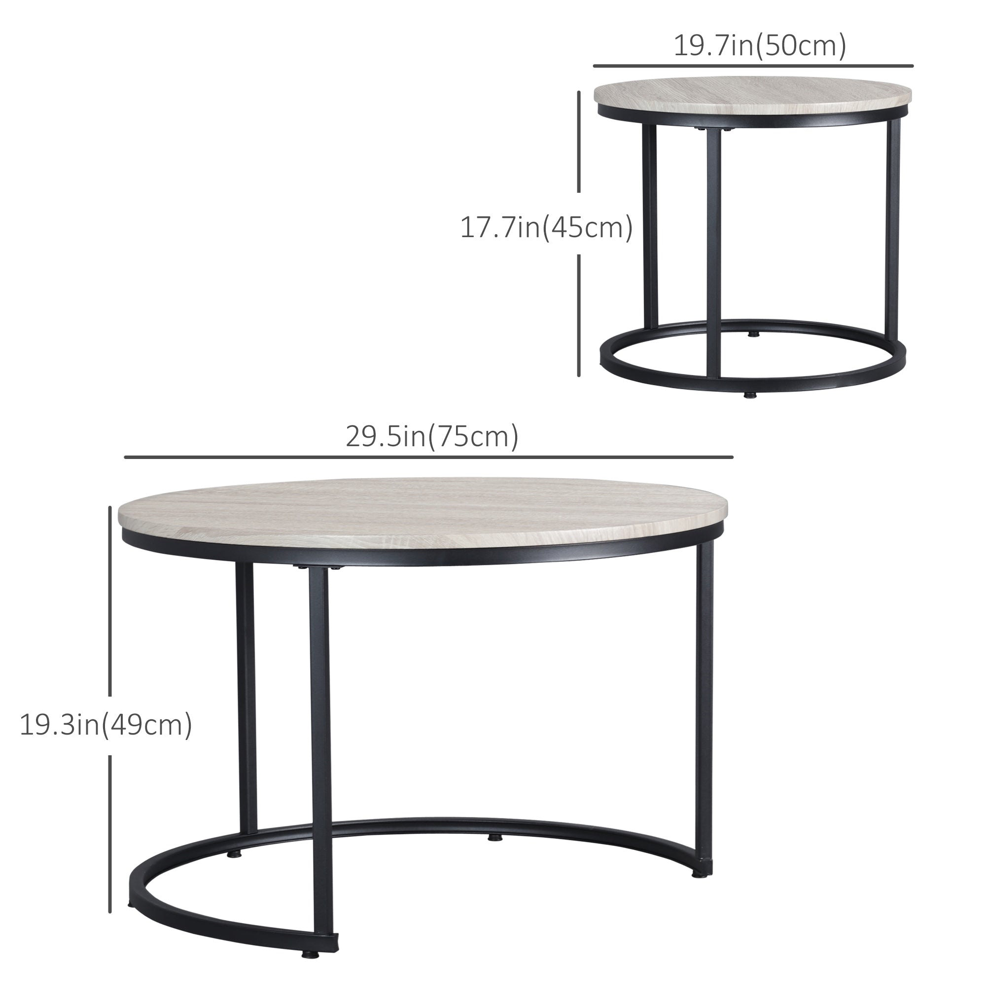 HOMCOM Nesting Round Coffee Table Pair Set of 2 Stackable Sofa Side Table Metal Frame Simple Design Grey Wood Grain 