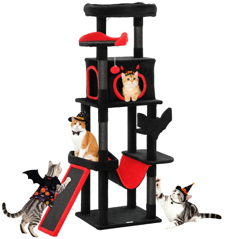 Gothic Cat Tree, 60" Tall Cat Tower with Coffin Bed,  Sisal Scratching Posts & Ramp, Condo, Hammock, Perches, Black