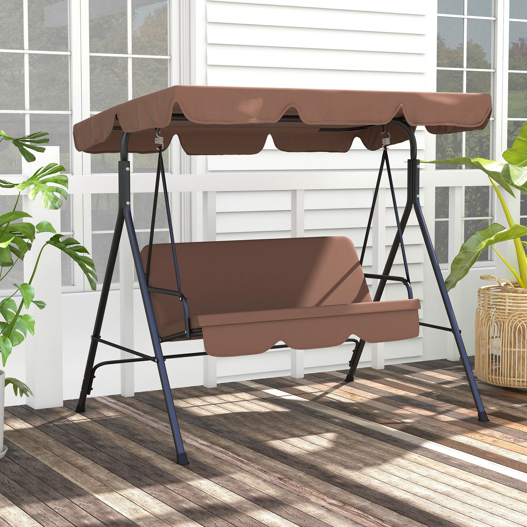 Outsunny 3-Seater Outdoor Porch Swing with Adjustable Canopy, Patio Swing Chair for Garden, Poolside, Backyard, Brown 