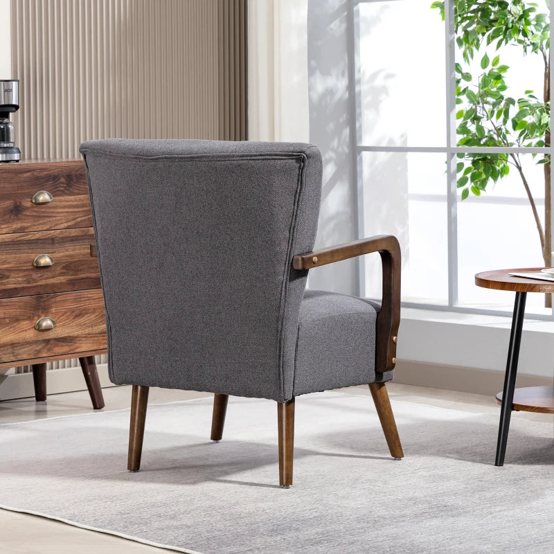 Accent Chair with Wooden Legs, Linen Fabric Armchair with Thick Padding, Comfy Chair for Living Room, Dark Grey