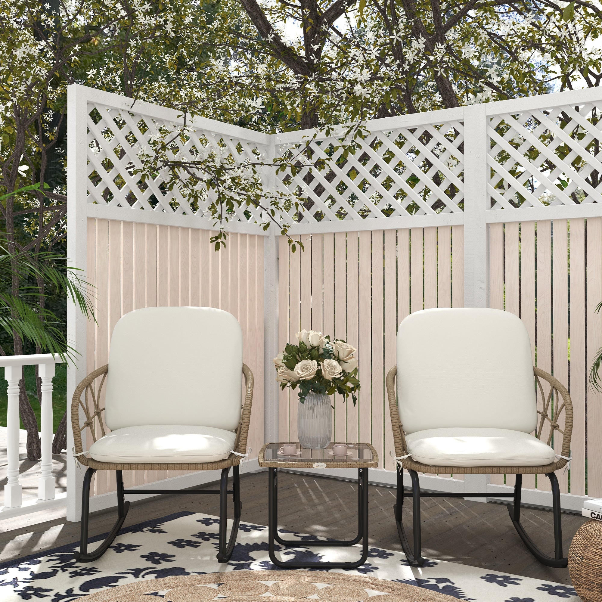 Outsunny 3 Pieces Patio Rocking Chair Patio Set with Cushions, Outdoor Round PE Rattan Wicker Hollow Design Conversation Set, Beige 