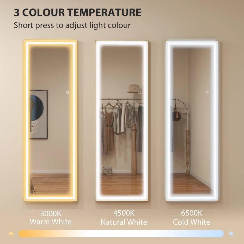 LED Mirror with Dimmable and 3 Colour Lights, 64" x 21" Rectangular Floor Mirror for Bedroom Living Room, Gold