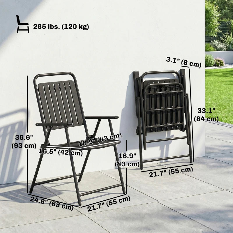 Folding Garden Chairs, Garden Dining Chairs with Plastic Slatted Seat Back, Armrests, Steel Frame, Set of 4, Black