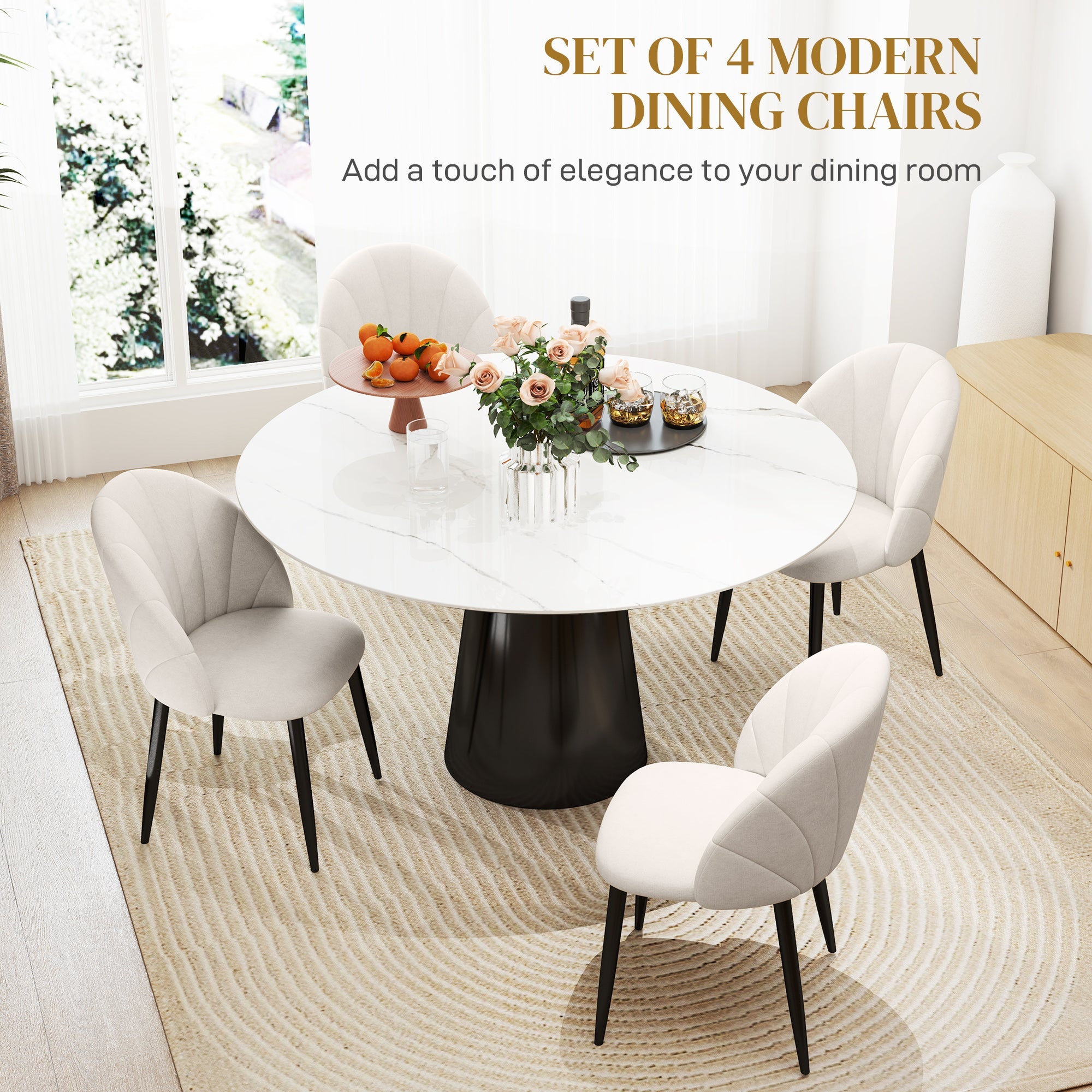 HOMCOM Modern Dining Chairs Set of 4, Upholstered Dining Room Chairs with Metal Legs, Shell Backrest, Padded Seat, Cream White 