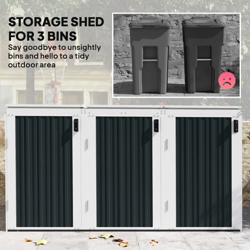 Outdoor Storage Shed Rustproof Garbage Bin Shed with Gas Struts Magnetic Doors for 3 Bins White and Grey