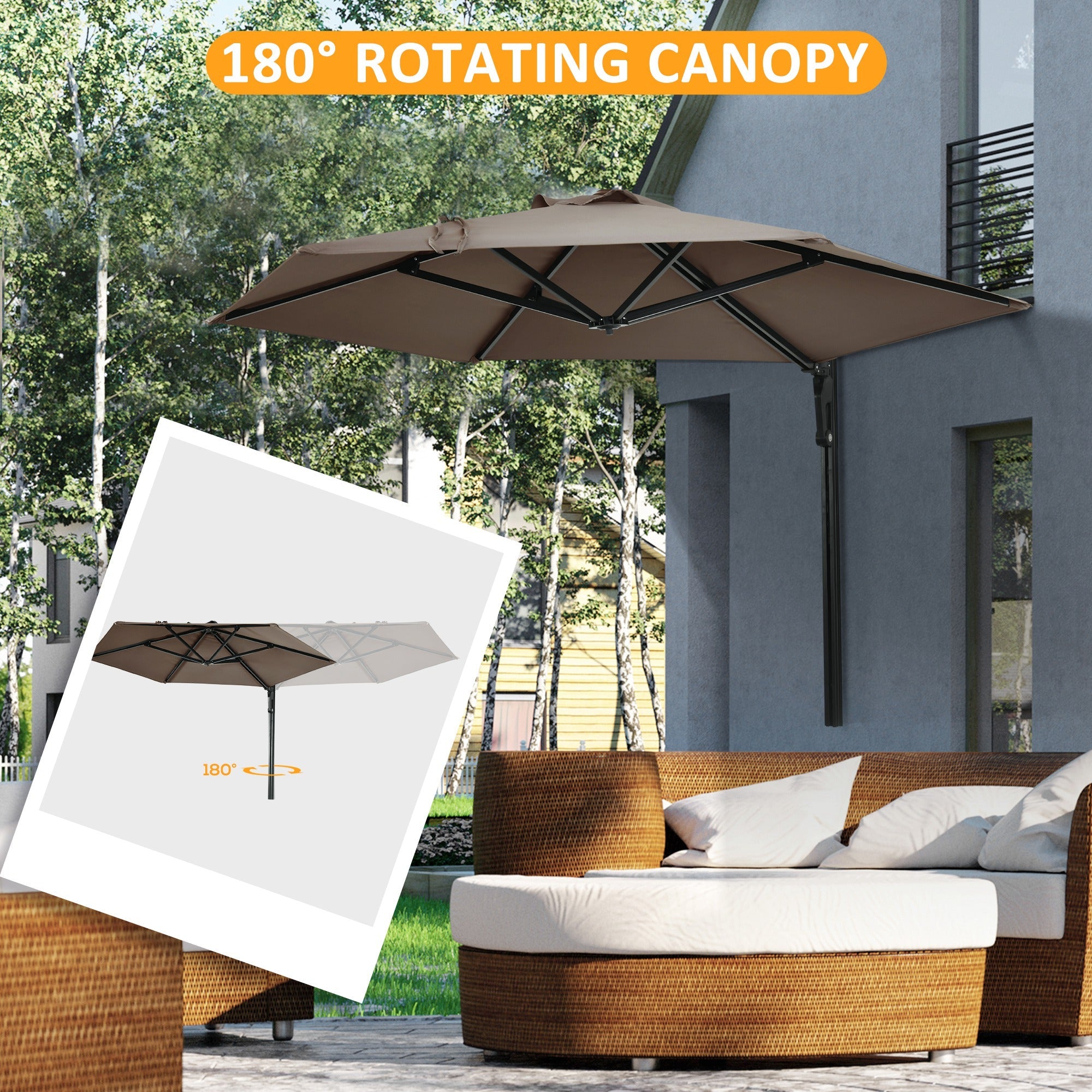 Outsunny Wall Mounted Umbrella 8FT with 180° Rotatable Canopy Outdoor Patio Parasol Khaki 