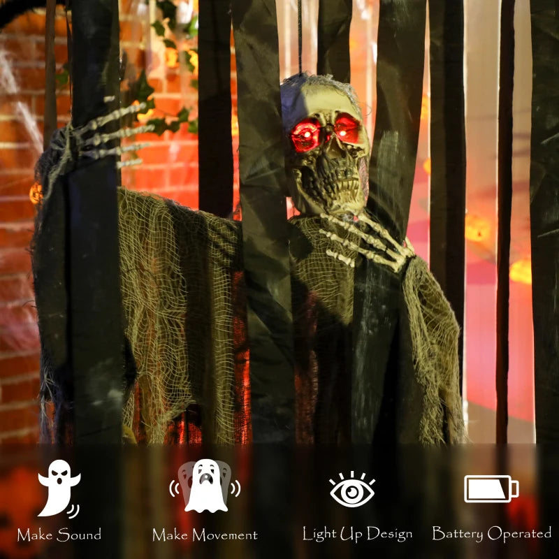 Outsunny Animatronic Hanging Skeleton Reaper in Cage – Voice-Activated Halloween Prop with Flashing Eyes 