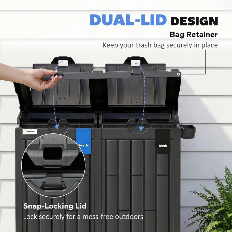58 Gallon Double Outdoor Garbage Bin with Dual Lid, Plastic Outdoor Waste Trash Can with Ash Holder and Drip Trays
