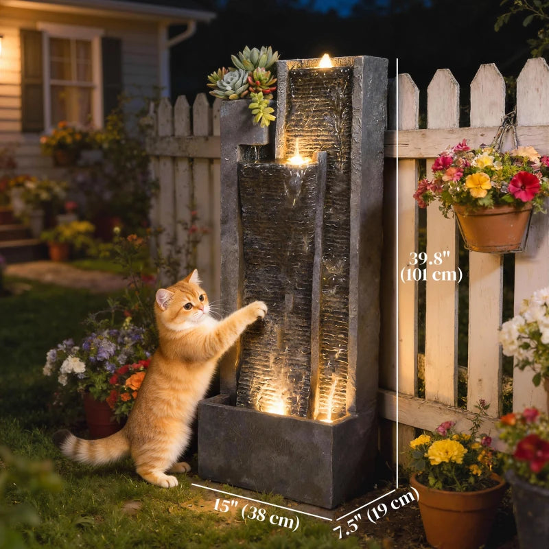 Outdoor Water Fountain with LED Lights and Planter, 3-Tier Modern Cascading Waterfall Feature with Pump, Dark Grey