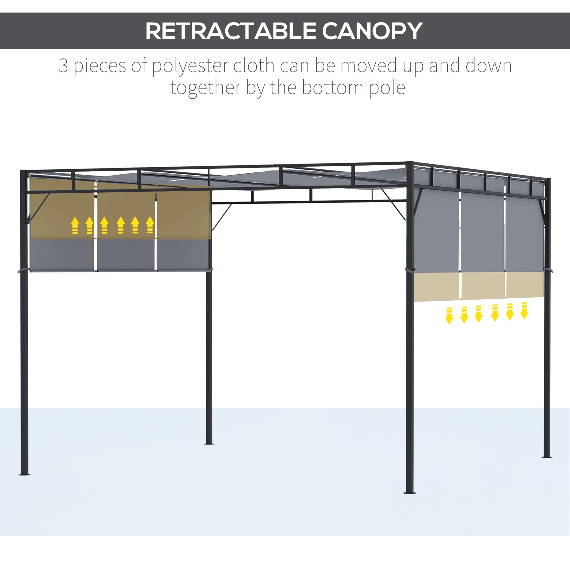 Outsunny Pergola Retractable Gazebo 10'x10' Shade Deck Shelter Steel Frame Polyester Canopy Dark Grey 