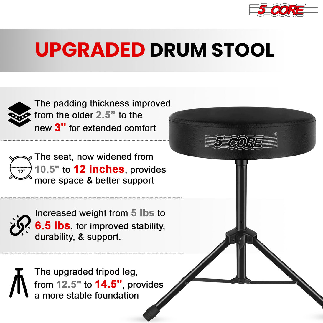 5Core Drum Throne Adjustable Guitar Stool Padded Drummer Seat for Adults & Kids BLACK