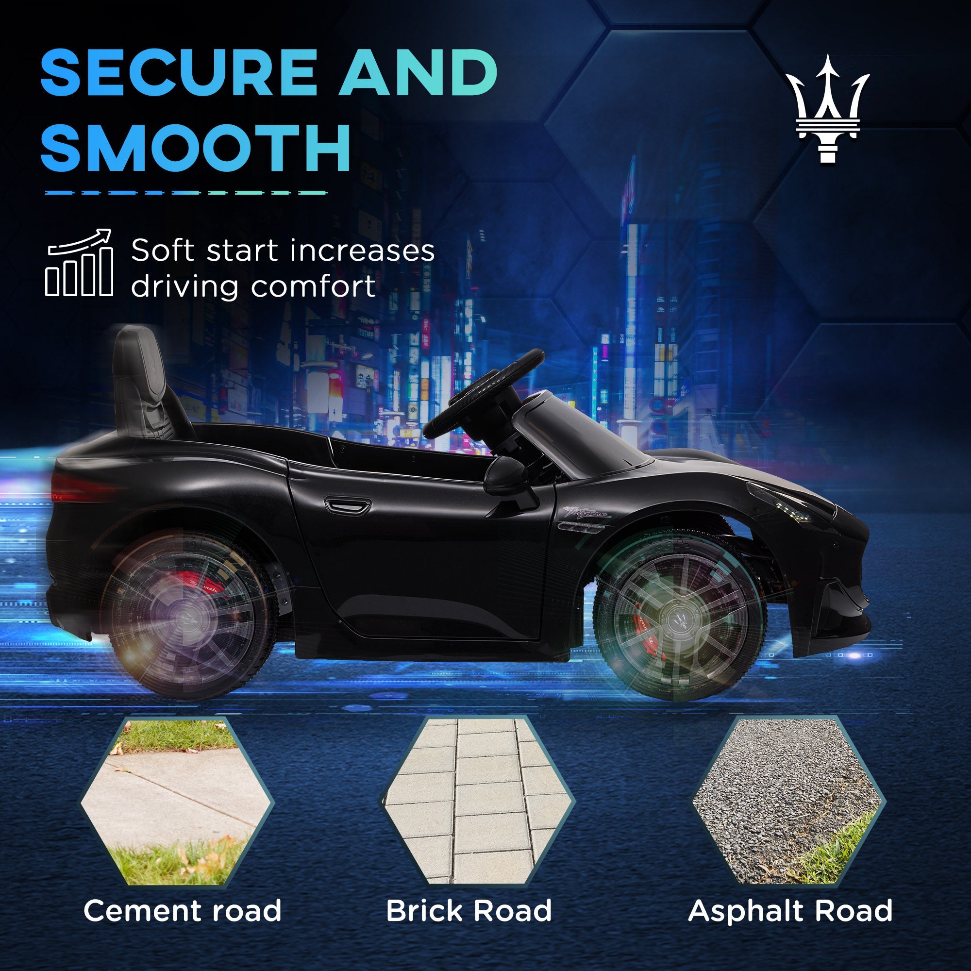 Qaba 12V Maserati Gran Turismo Licensed Kids Electric Car w/ Remote Control, Soft Start, LED Lights, Music, Horn, MP3, Black 