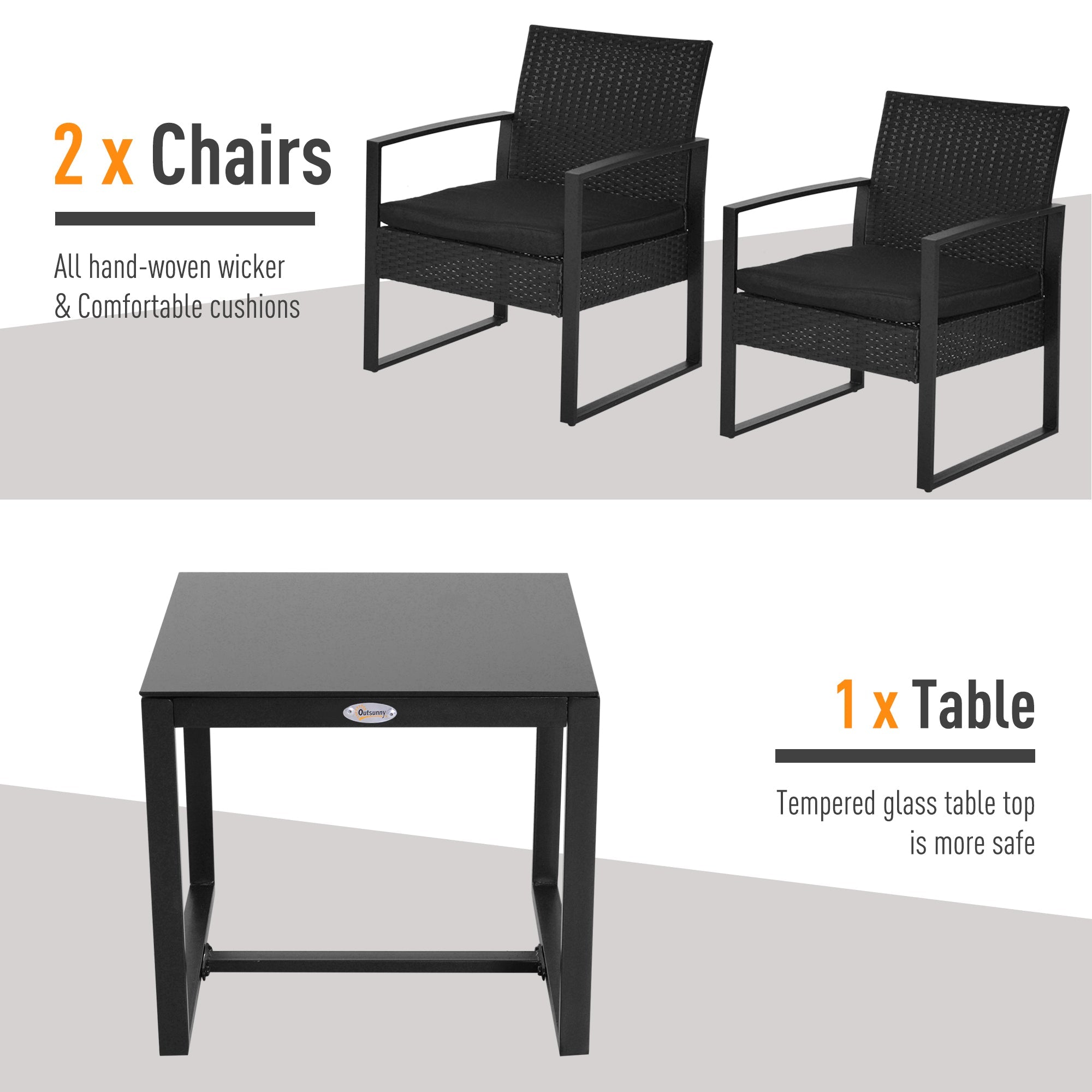 Outsunny 3 Pieces Patio Bistro Set, Outdoor PE Rattan Garden Porch Furniture w/ Cushioned Chairs & Tea Table Patio Furniture, Black 
