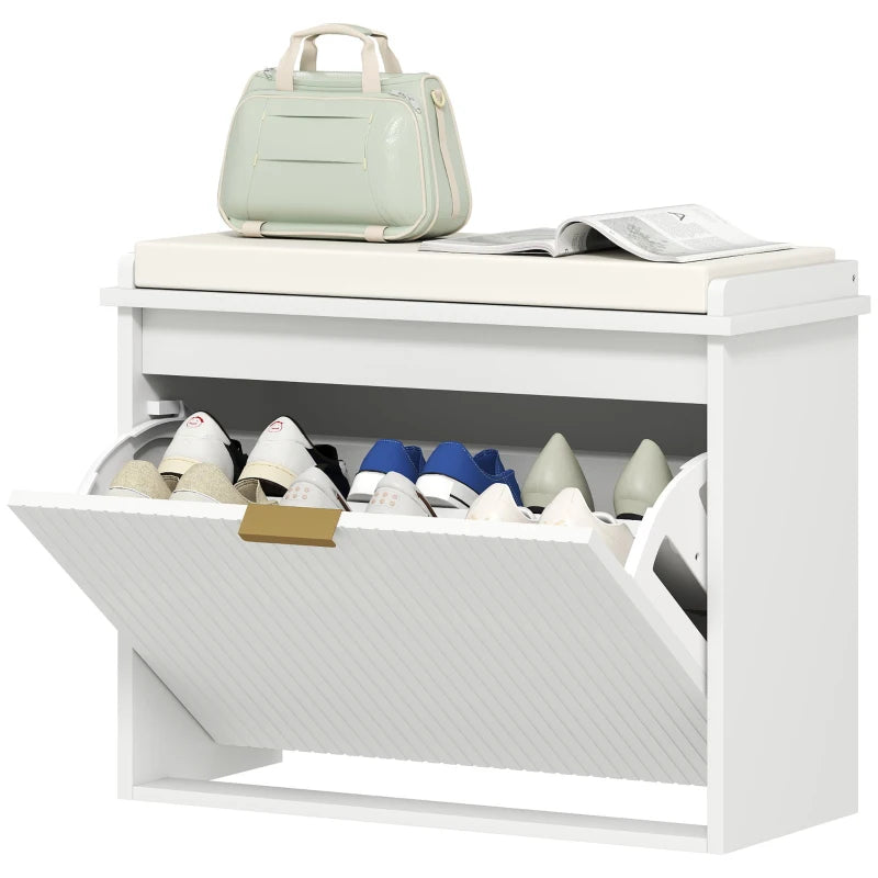 Entryway Bench with Padded Seat and Flip-Drawers, Holds up to 265lbs, Shoe Storage Bench for 6 Pairs of Shoes, White