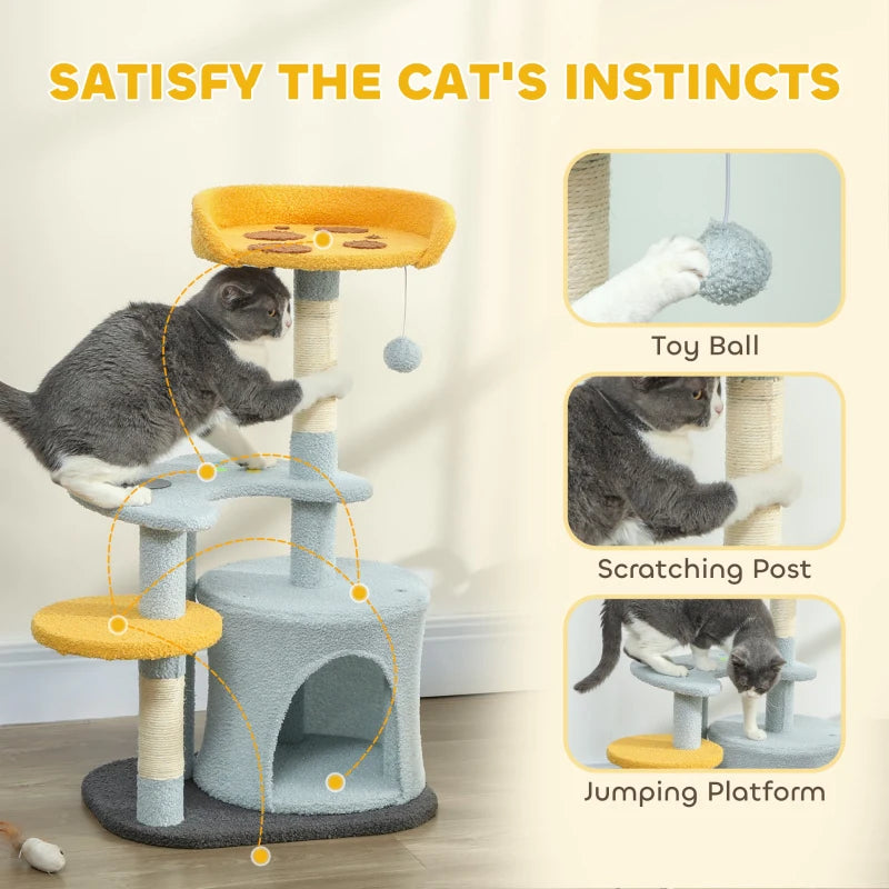 Cat Tree for Indoor Cats, 31.5 inch Cat Tower with Plush Perch, Platform, Condo, Scratching Post and Toy Ball, Blue