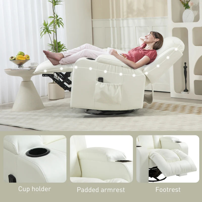 Swivel Massage Recliner Sofa, Overstuffed Manual Reclining Sofa, PU Leather Rocking Chair with Side Pockets, Cup Holders, for Living Room, Nursery, Cream White