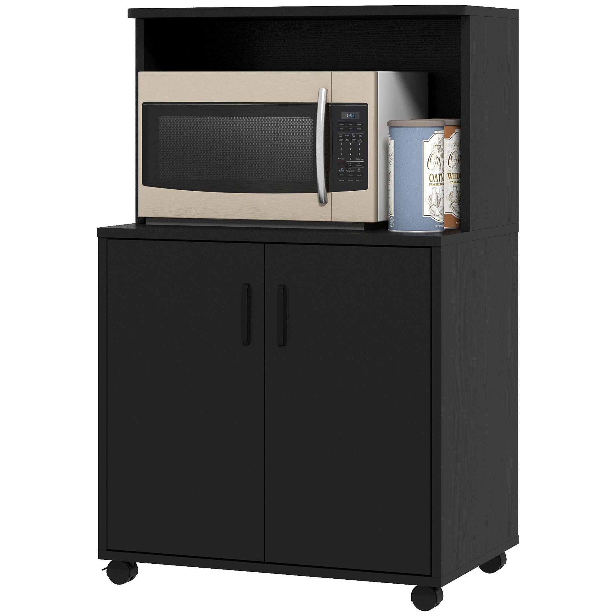 HOMCOM Microwave Cart on Wheels Utility Trolley Storage Sideboard Bookcase with 2-door Cabinet, Black Wood Grain 