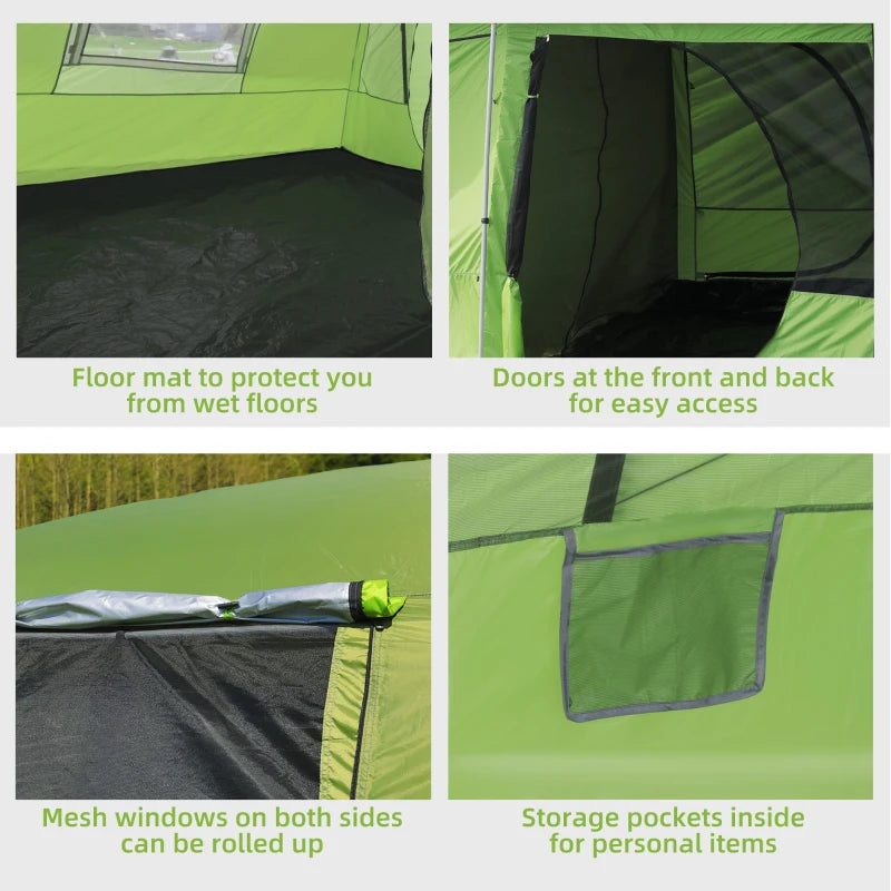 Tunnel Tent Camping Shelter w/ Porch, Two Rooms, Lamp Hook, Portable Carry Bag, Green