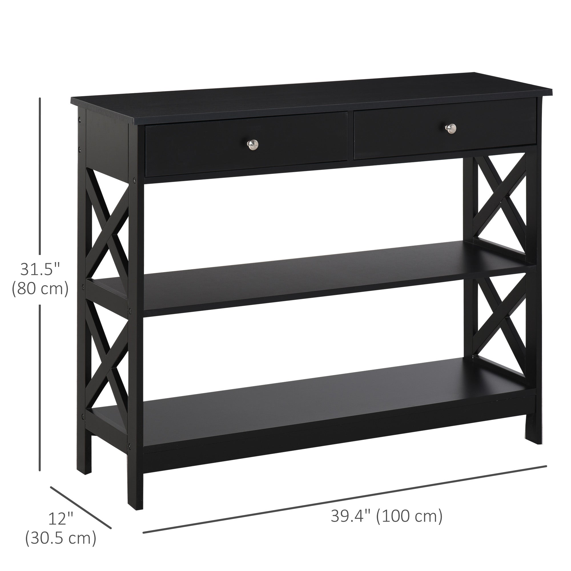 HOMCOM Sofa Side Table Console with Storage Shelves Drawers for Living Room Entryway X Frame Black 