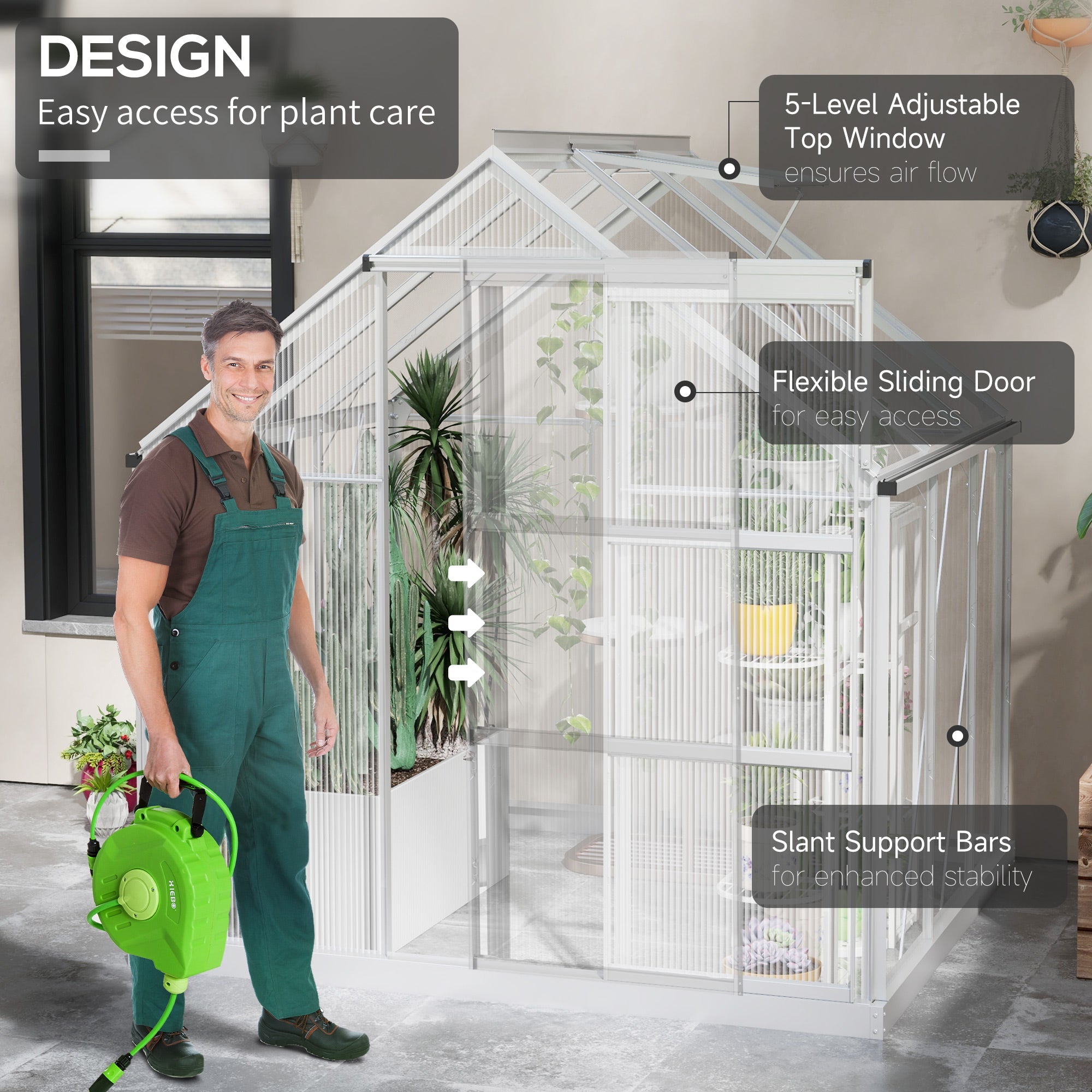 Outsunny Walk-In Greenhouse 6' x 6' Polycarbonate Aluminium Frame Sliding Door Window Foundation Silver 